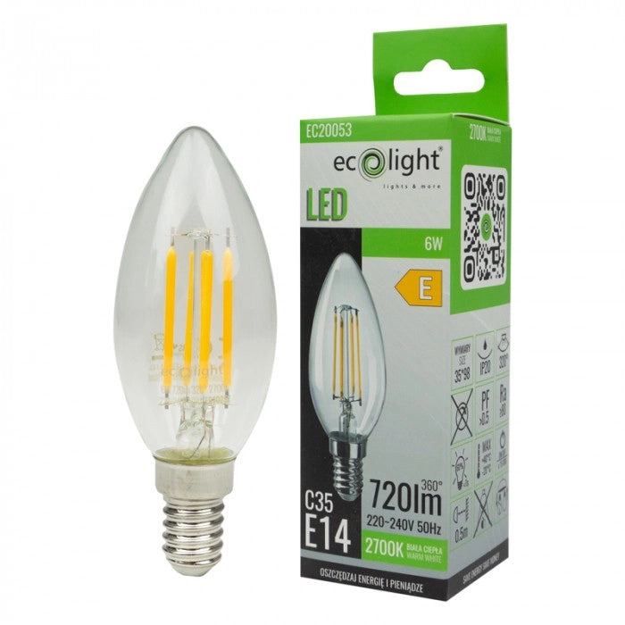 Lampadina LED Filamento Candela E14 6W 2700K 720lm Ecolight