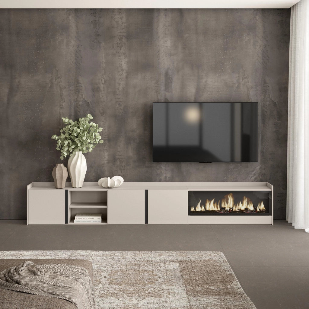 Mobile TV Soggiorno, 315x50x35 cm, Per TV fino a 80", Camino elettrico XXL, Beige