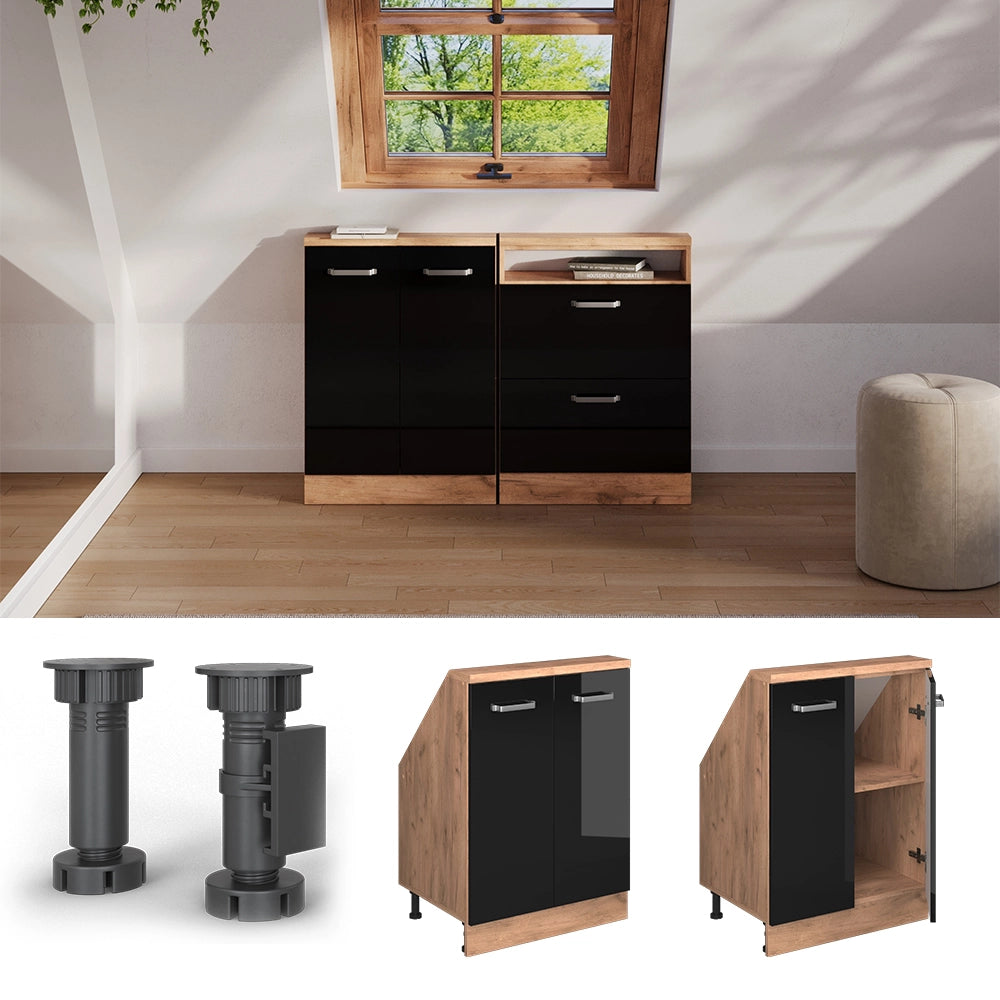 Mobile sottotetto Rion Nero lucido/Rovere dorato con 2 porte Vicco