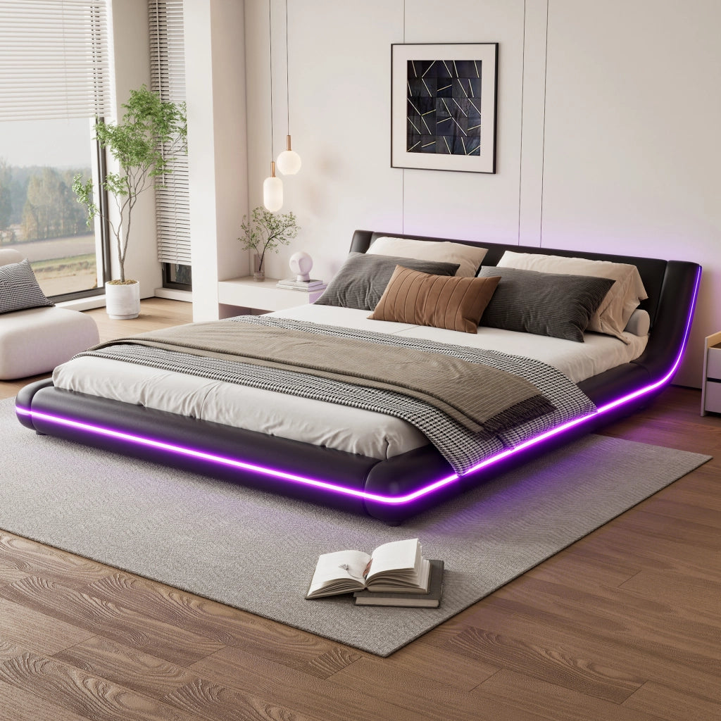 Letto Basso Letto Matrimoniale 160x200 cm; 2 Posti; LED Regolabile; in PU e MDF; Nero