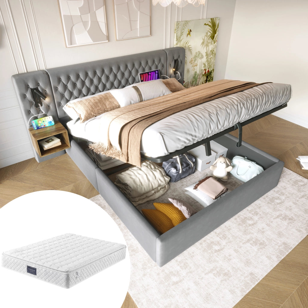 LETTO Contenitore 160x200 cm in Velluto Grigio con materasso incluso