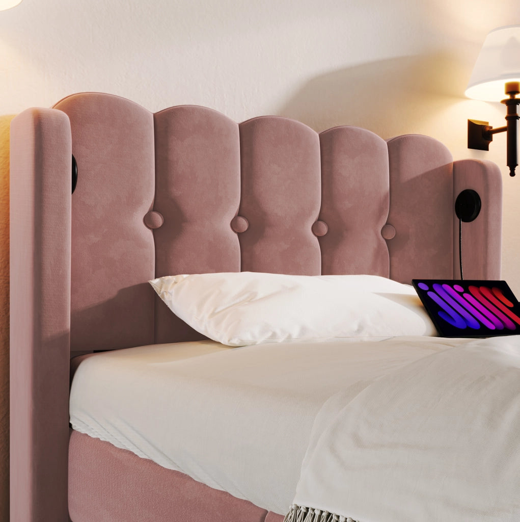 Letto singolo imbottito rosa 90x200 cm in velluto con USB e Type-C