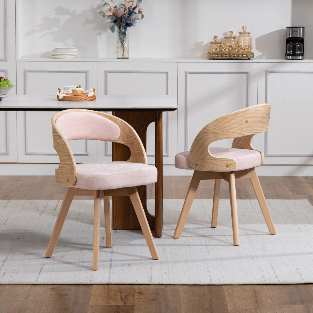Sedia da pranzo girevole rosa in lino con gambe in faggio e schienale ergonomico imbottito