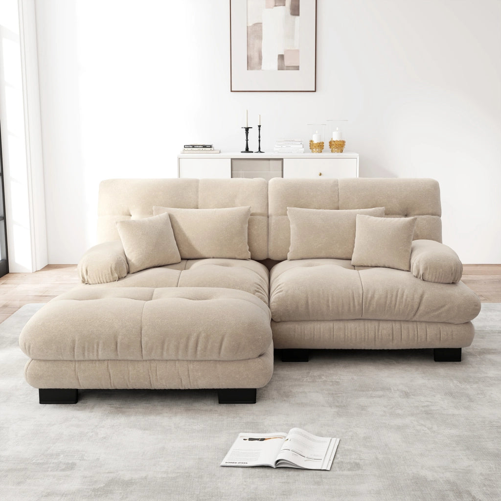 Divano modulare con cuscini lombari e pouf; seduta profonda; in ciniglia; caffÃ¨ chiaro