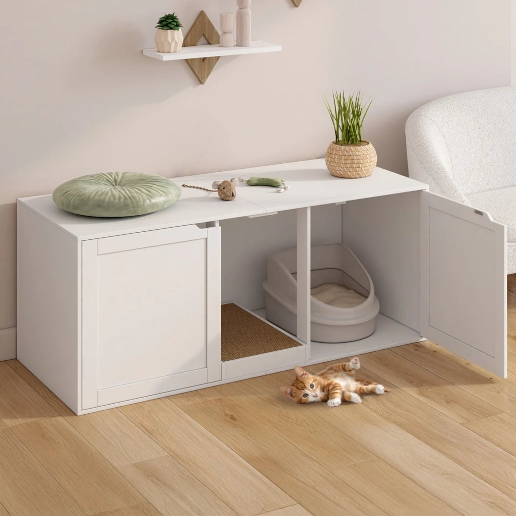 IDMarket - Borsa igienica per gatti XL con 2 porte e tiragraffi in legno bianco