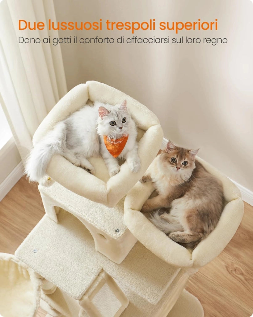 Feandrea Albero per Gatti, Alto 168 cm, Tiragraffi per Gatti con 13 Graffiatoi, 2 Posatoi, 2 Grotte, Cesto, Amaca, Pompon, in Peluche a Più Livelli per Interno, Beige PCT165M01V1