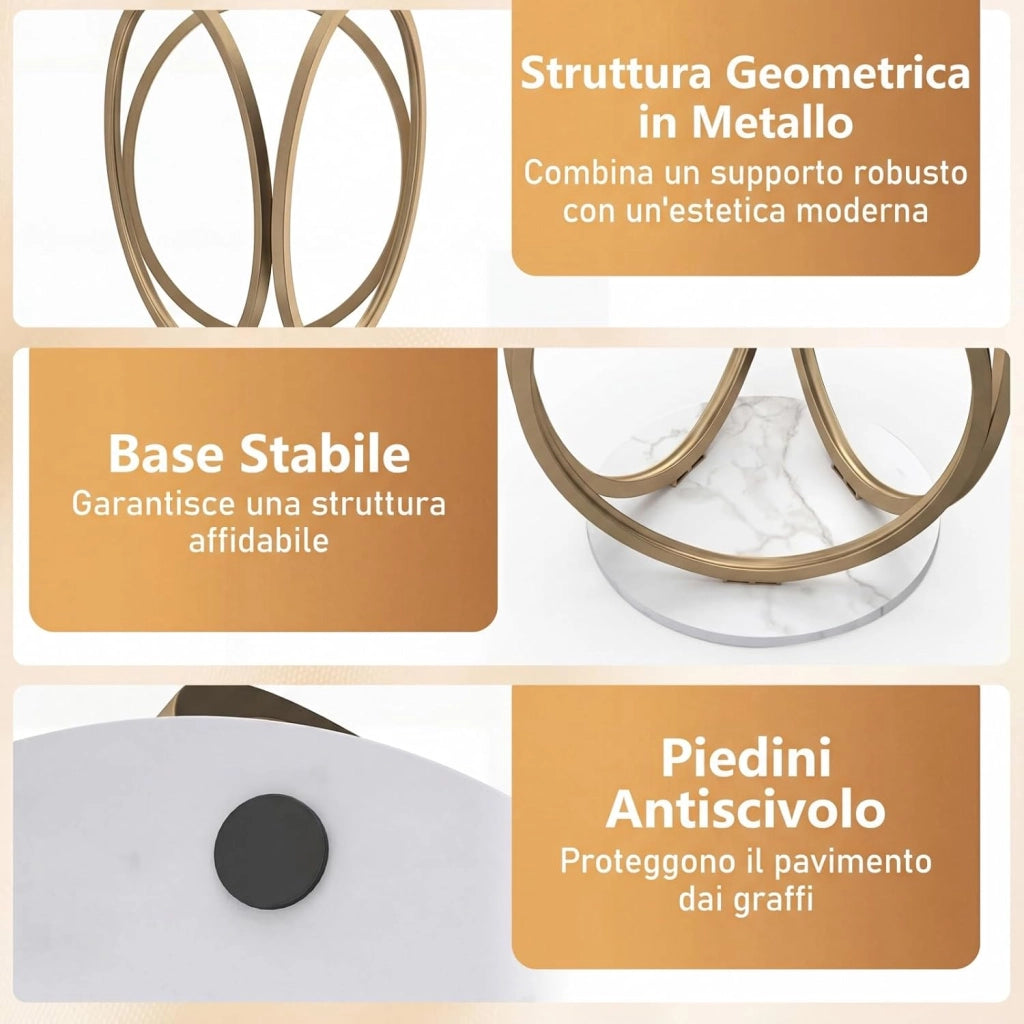 Tavolino da Salotto in Vetro, Tavolino da Caffè Rotondo con Struttura Geometrica ad Anello in Metallo Dorato a Forma di Cerchio, Tavolo Basso per Soggiorno, Ufficio e Studio
