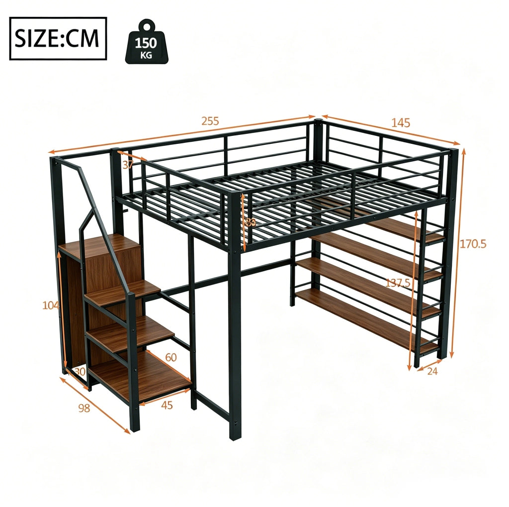 Letto a soppalco 140x200 cm con scala contenitore in MDF e metallo nero