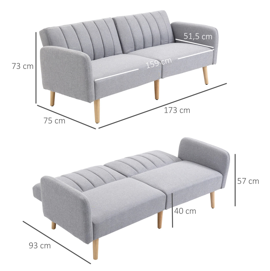 Divano letto 2 posti con schienale regolabile e gambe in legno, 173x75x73 cm, grigio