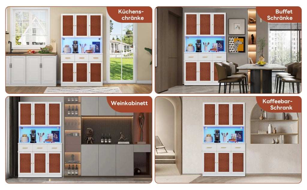 Credenza da cucina con LED e presa elettrica in MDF bianco con ante in tessuto e ripiani regolabili 105 × 43 × 182 cm