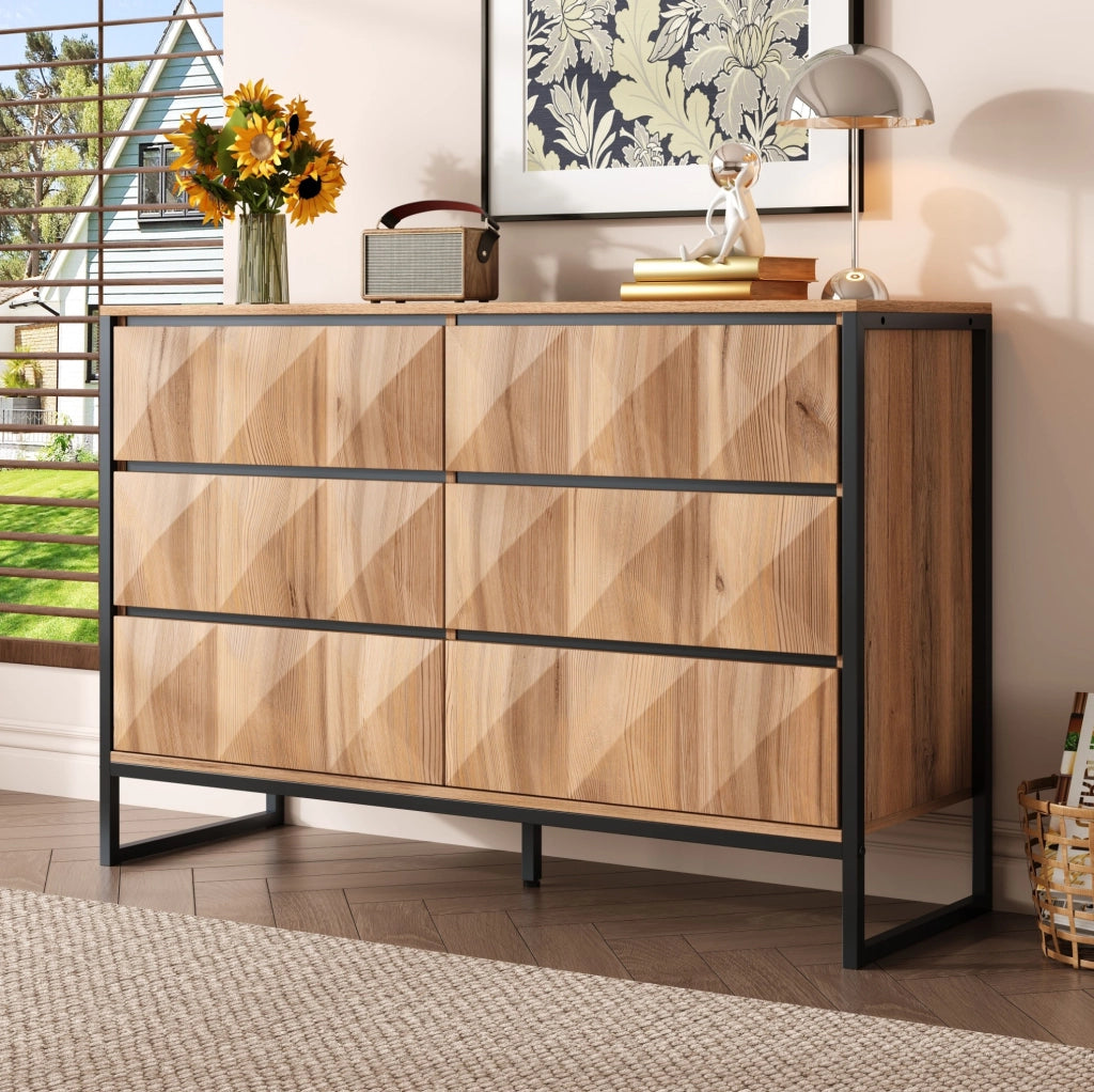 Credenza moderna con sei cassetti, nero e effetto legno