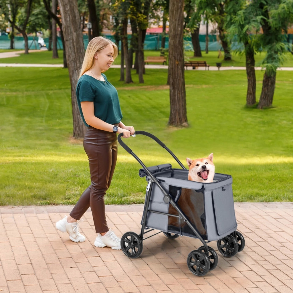 Carrello pieghevole per animali domestici, Passeggino per cani e gatti a 4 ruote con lucernario tasche Grigio scuro-Giochi e accessori per cani