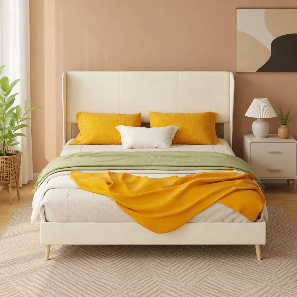 Letto matrimoniale imbottito con testiera beige 140 x 200 cm in tessuto