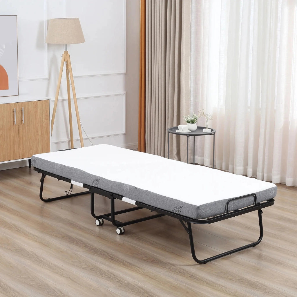 Letto per ospiti, letto pieghevole con ruote, acciaio e schiuma, bianco e nero, 200x75x42,5 cm