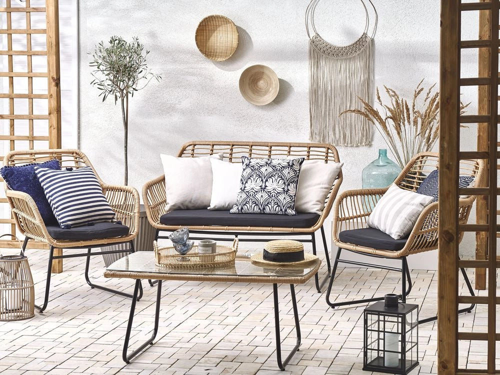 Set divano da giardino per conversazione in finto rattan Nero con imbottiture per sedile e tavolino da caffè
