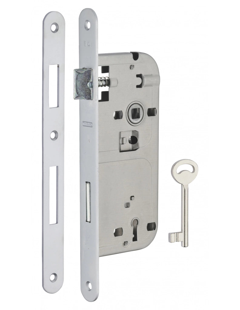Serratura Patent da incasso 90mm x 45mm, reversibile, piastra tonda, richiamo 1/2 giro, 1 chiave, cromo opaco - THIRARD