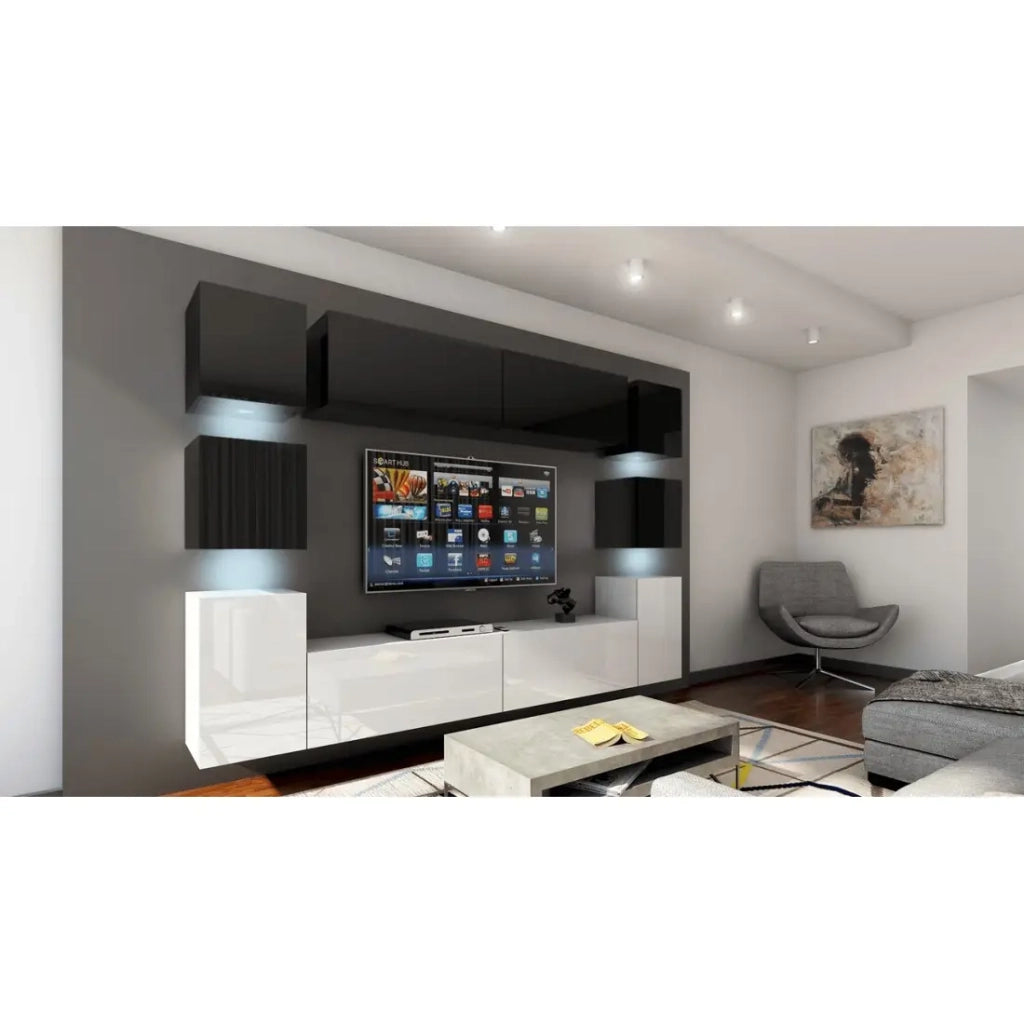 Set di mobili da soggiorno sospesi, parte superiore nera, parte inferiore bianca, collezione CEPTO XIV 256 cm, 10 pezzi, con LED