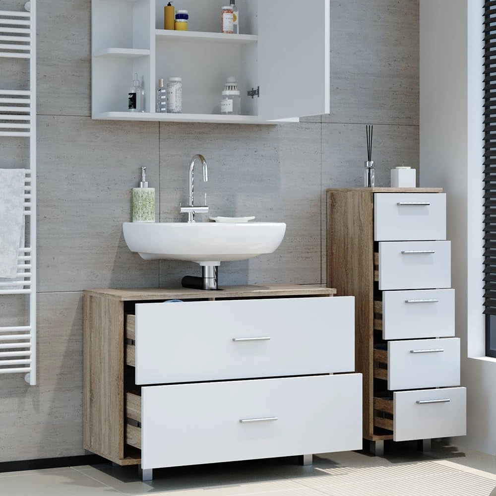 Set mobili bagno Ilias, Bianco/Sonoma, 80 cm, composto da mobile sottolavabo, specchiera e mobile medio