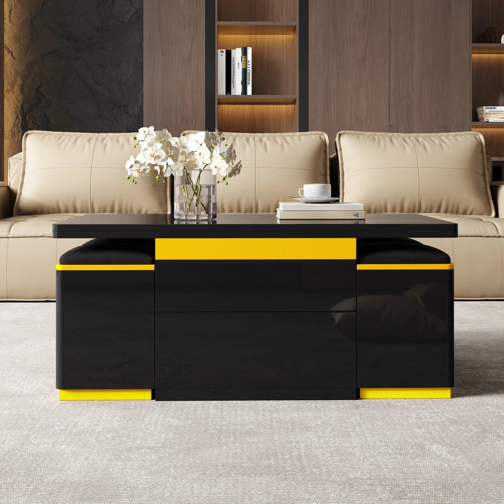 Tavolino Da Salotto Sollevabile con 4 Sgabelli e Contenitore; Piano Ribaltabile; Lucido Parziale; in MDF; 100×50×43 cm; Nero Giallo