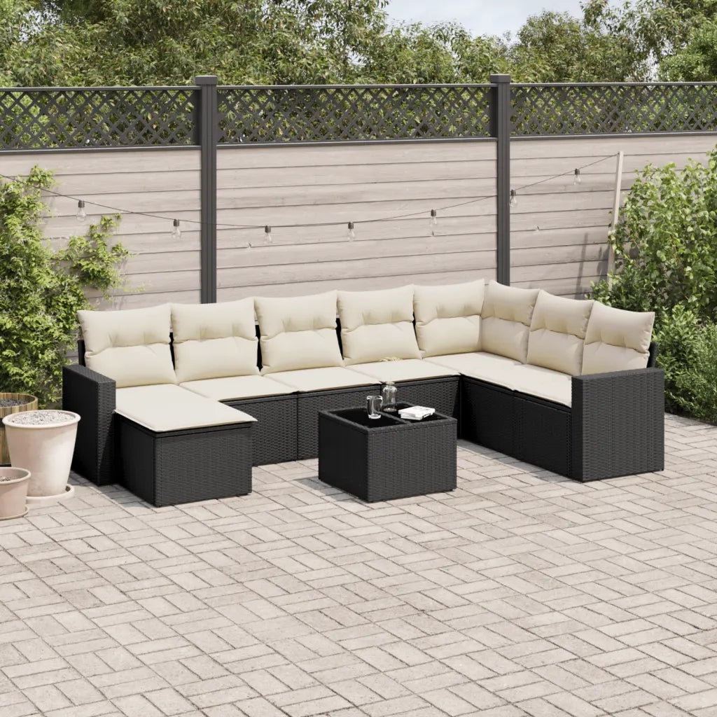 Set Divani da Giardino 9 pz con Cuscini Nero in Polyrattan 3251703