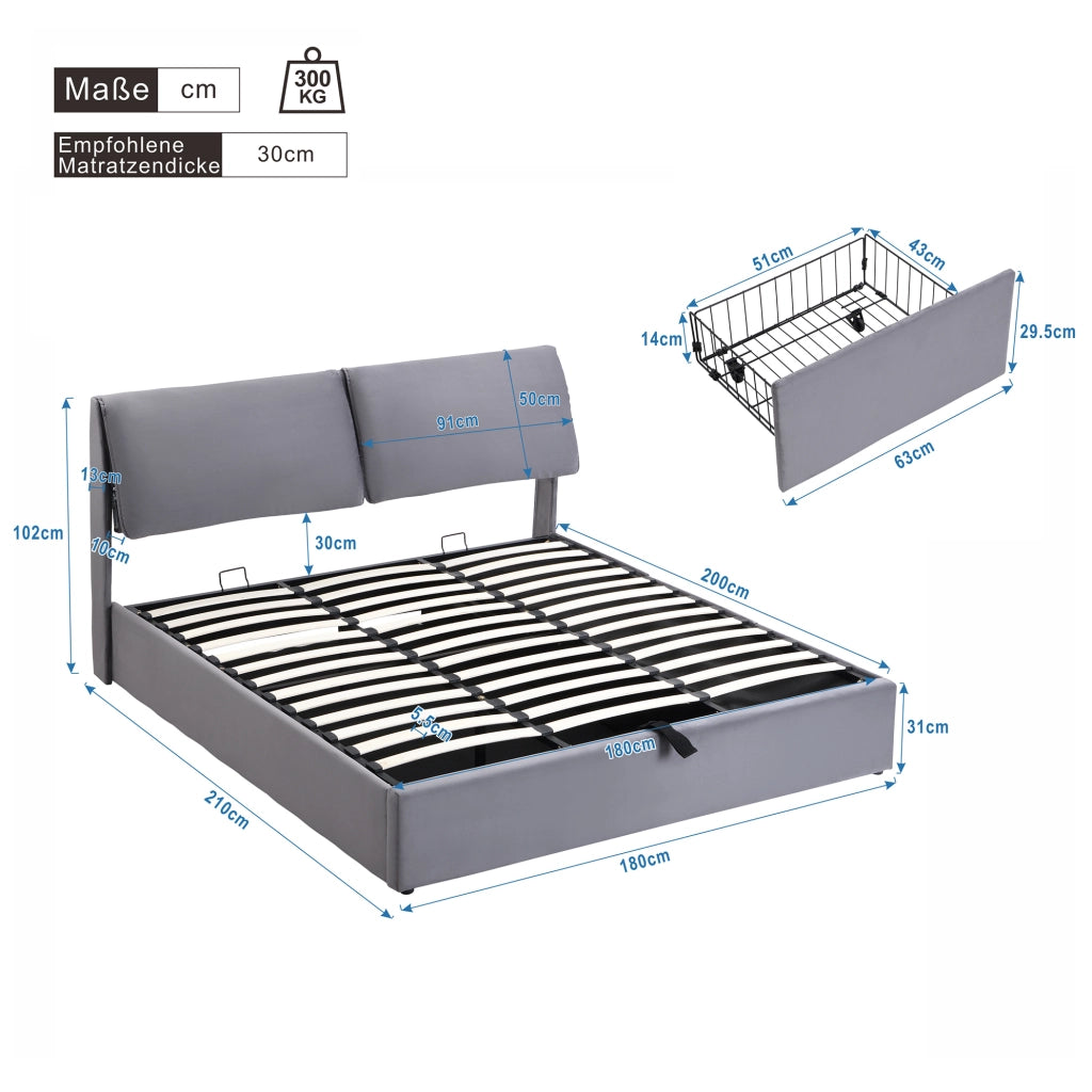 Letto imbottito in velluto grigio 180 x 200 cm con contenitore e 3 cassetti