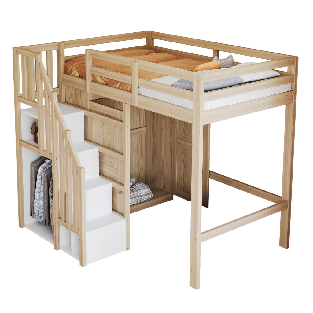 OKWISH Letto a Soppalco 90×200 cm, Letto Singolo con Scala Contenitore, Armadio e Barra Appendiabiti, senza Materasso, Legno Naturale