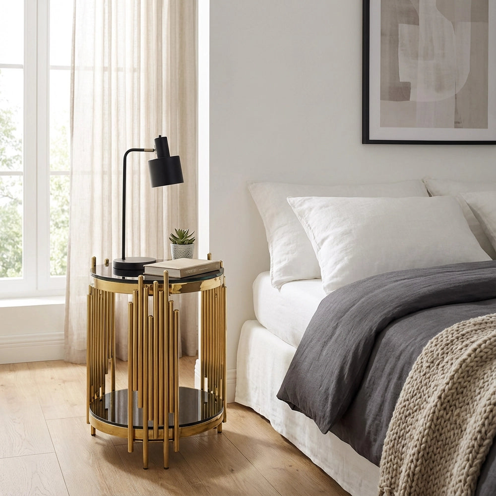 Tavolino Rotondo in Vetro per Soggiorno ¨C MINIMAL ¨C Nero/Oro, Gambe in Acciaio