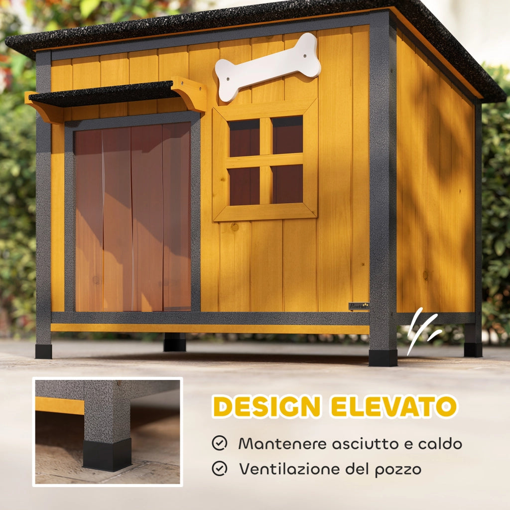 Cuccia per Cani da Esterno in Legno e Acciaio Anti-Morso, Tetto Apribile e Tenda per Porta, Giallo