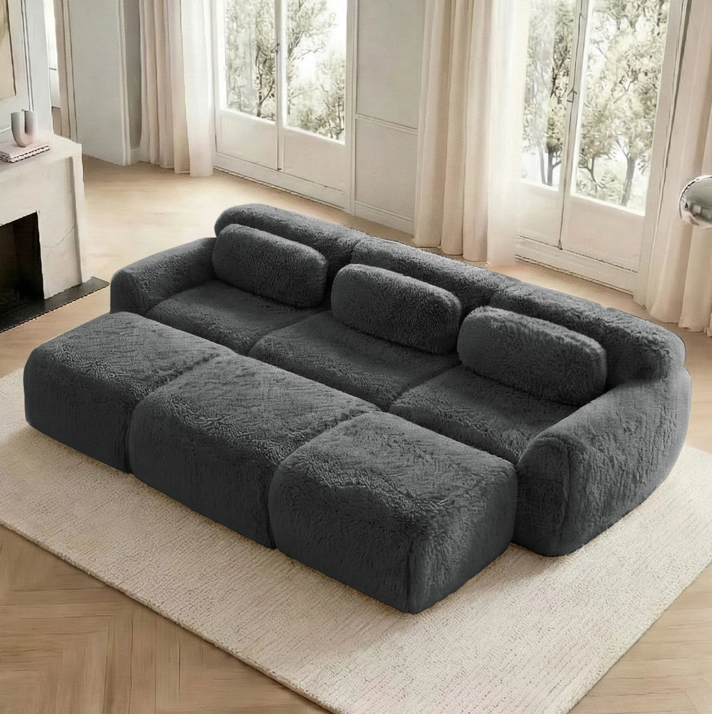 Divano modulare 3 posti con 3 pouf in peluche grigio