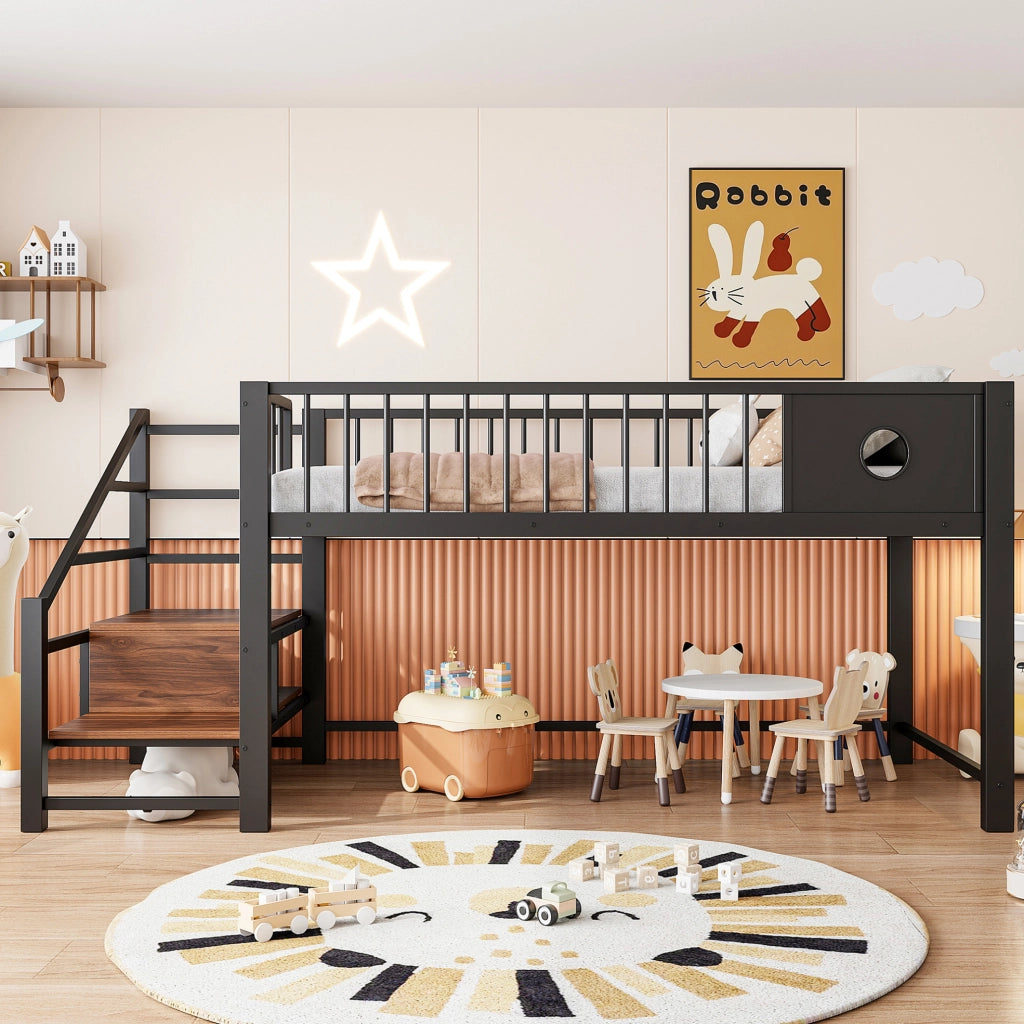 Letto a soppalco basso per bambini 90x200 cm con scala, nero