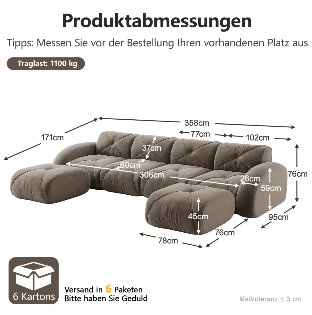Divano modulare a U 358x171x76 cm in chenille taupe; 4 posti