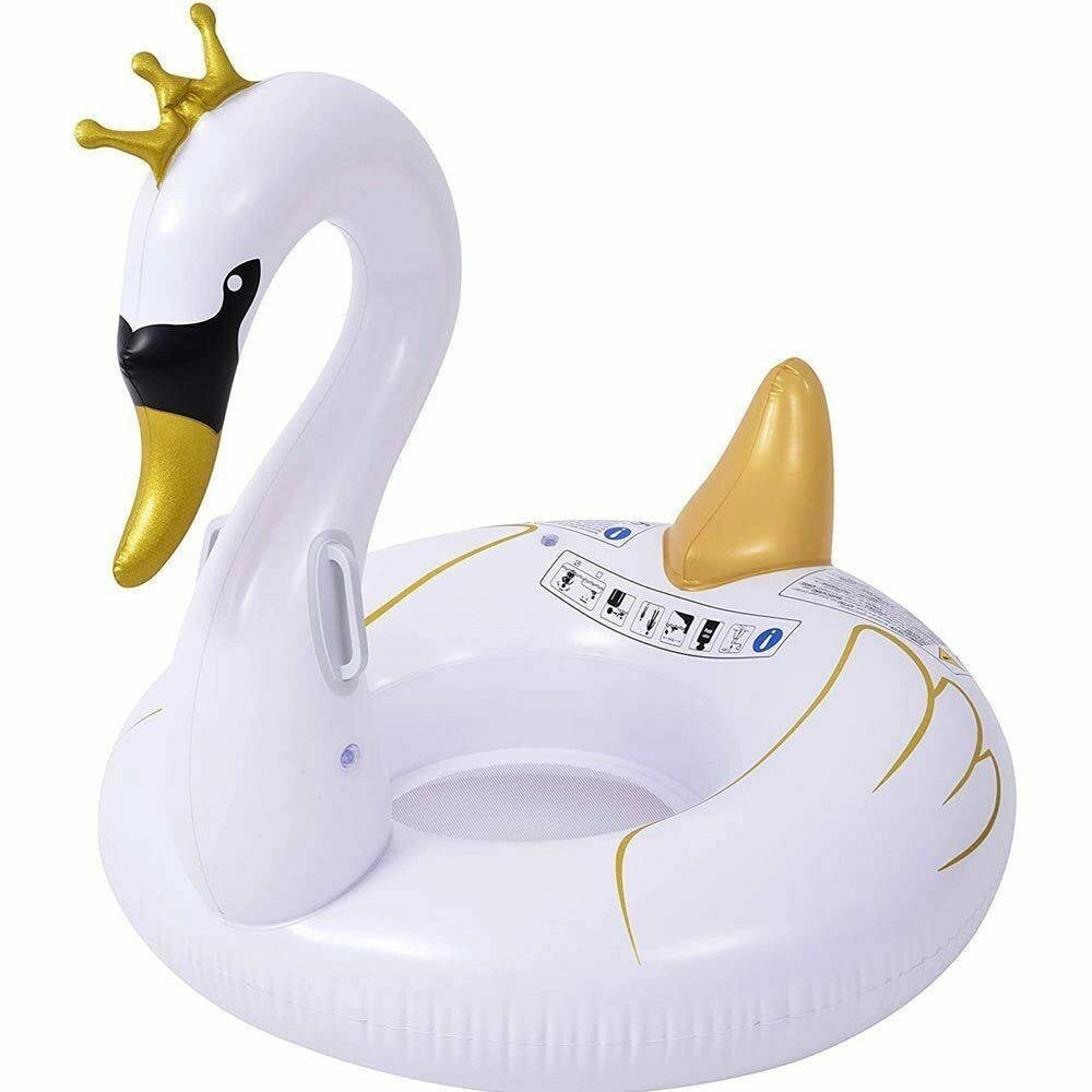 Trade Shop - Ciambella Salvagente Cavalcabile Cigno Bianco E Oro Bambini 115cm Mare Piscina -