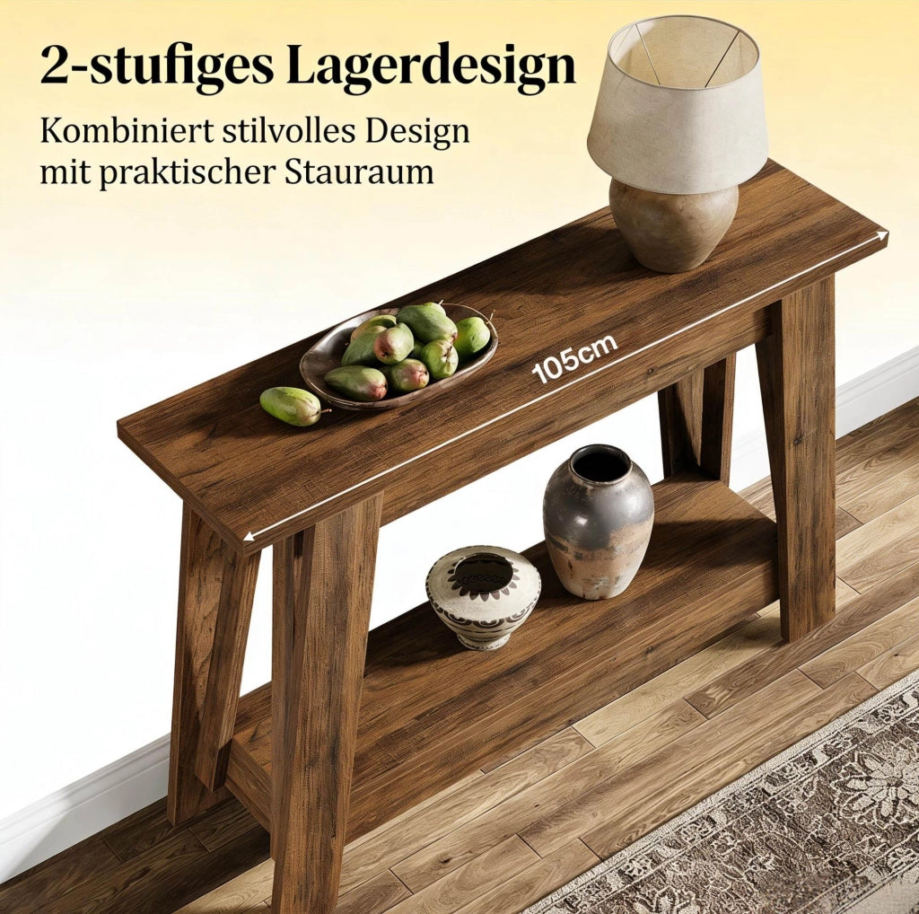 Tavolo consolle rustico 2 ripiani aperti 105x30x80 cm in legno marrone rustico