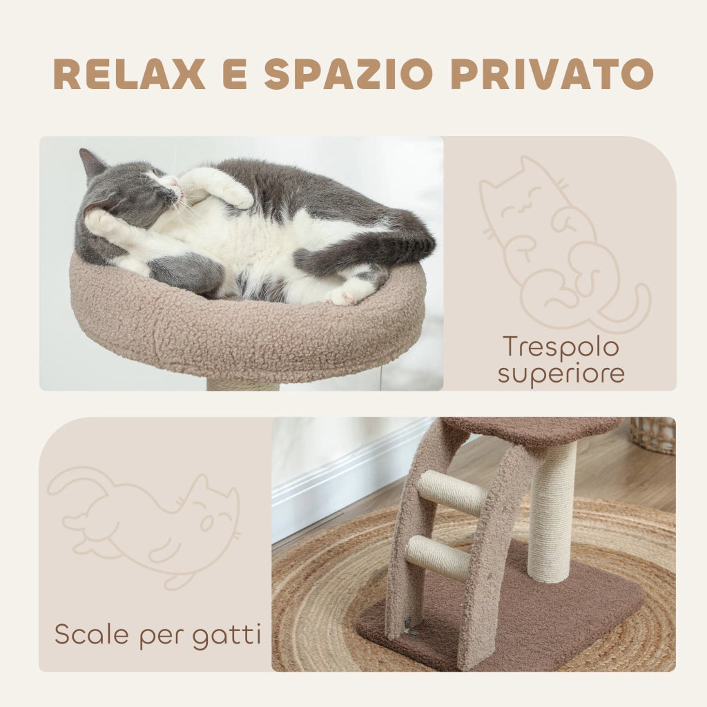 Albero Tiragraffi per Gatti 3 Livelli 48x40x88 cm Cuccia Rialzata in Juta e Peluche Bianco e Marrone