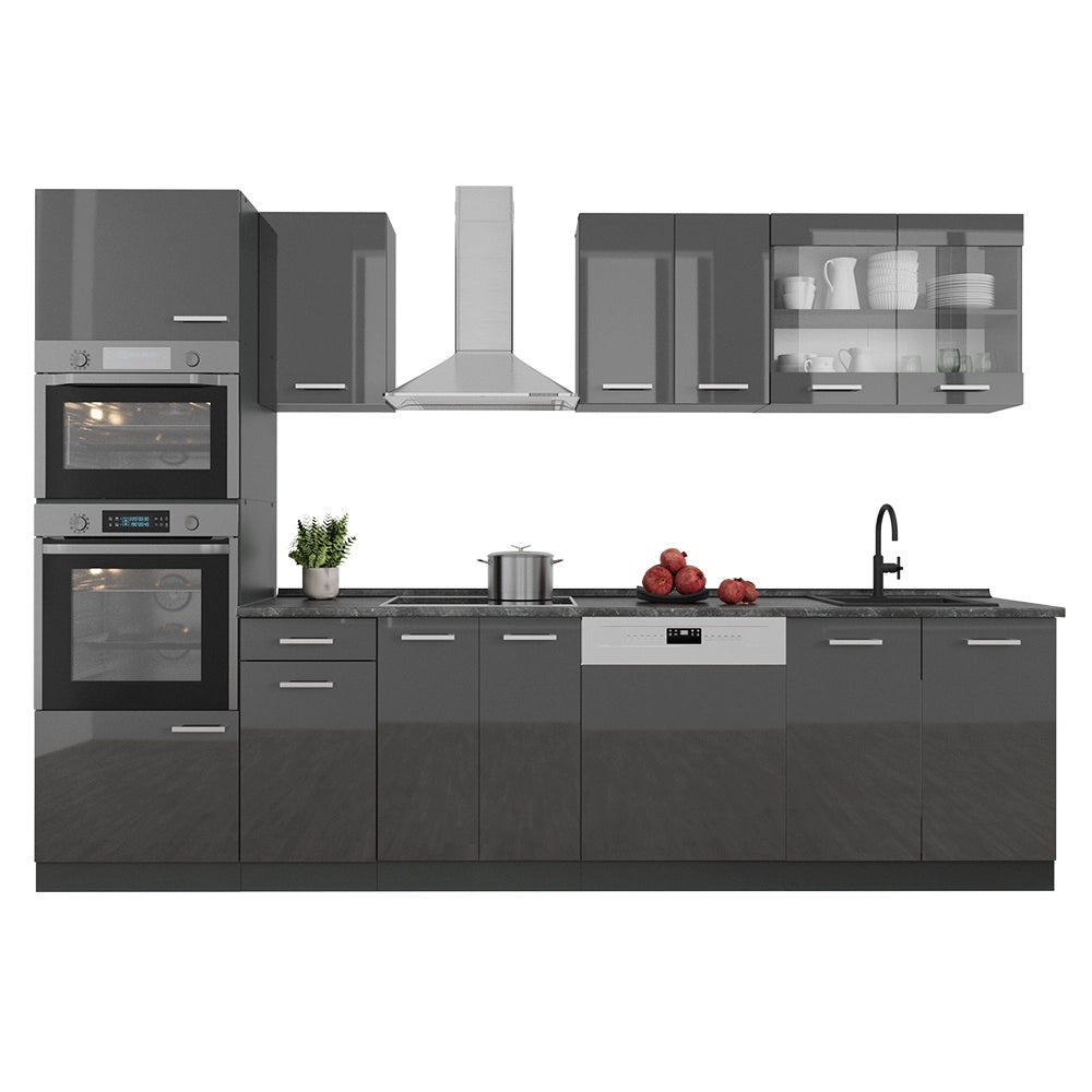 Cucina componibile R-Line Antracite lucido/Antracite 300 cm con armadio alto, PL Rovere Vicco