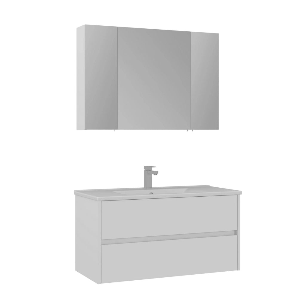 Set mobile lavabo con specchio (2 pezzi) "Side 100 v3" - 100 x 16 x 52 cm - Bianco opaco