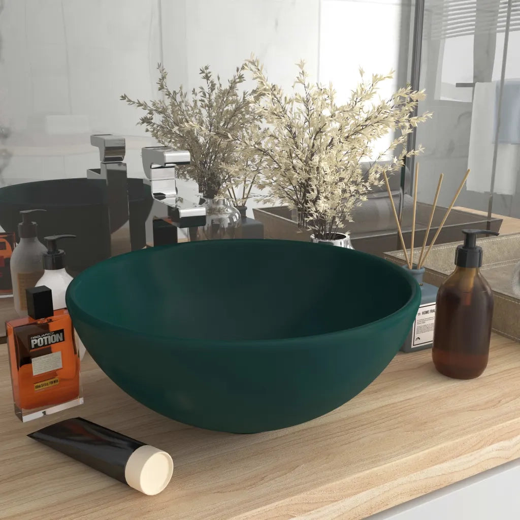 Lavandino Lusso-Lavabo-Lavello Rotondo Verde Scuro Opaco 32,5x14 cm Ceramica