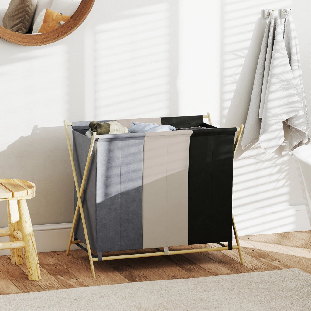 Cesto per Biancheria Pieghevole ¨C Zephmum ¨C Multicolore con Bamb¨´ e 3 Compartimenti 129L