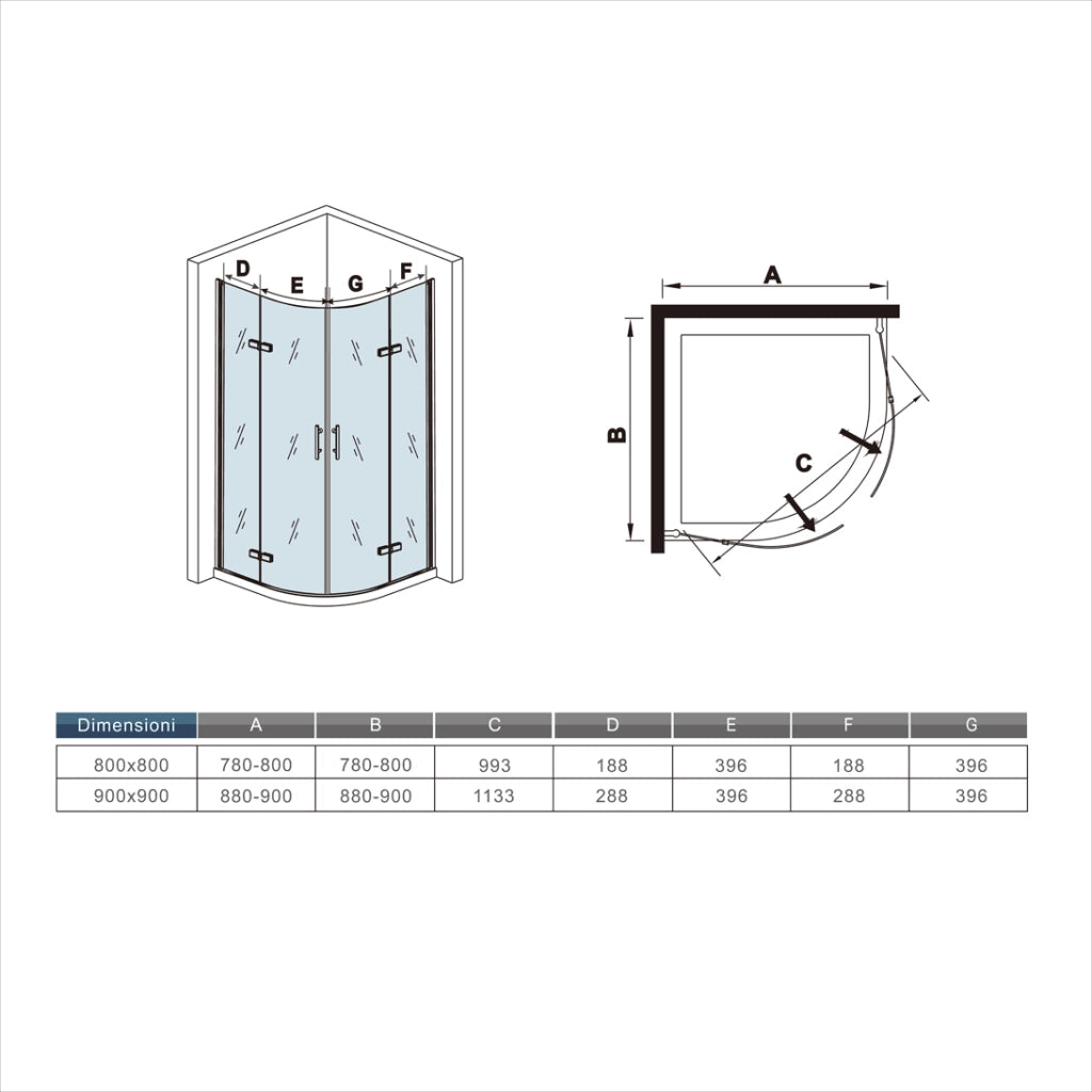 90x90x195 cm Box Doccia Semicircolare Porte Battenti e Ante Pieghevoli in Vetro Temperato 6mm Anticalcare Trasparente Profilo Cromo Lucido