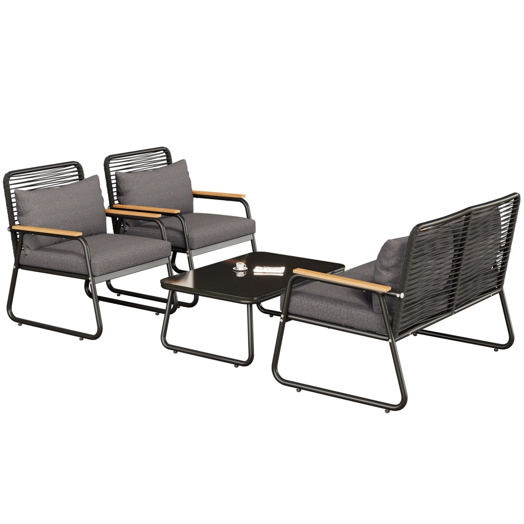 Set Lounge da Giardino 4 Posti con Tavolo ¨C MINIMAL ¨C Polyrattan, Vetro, Nero, Cuscini Inclusi