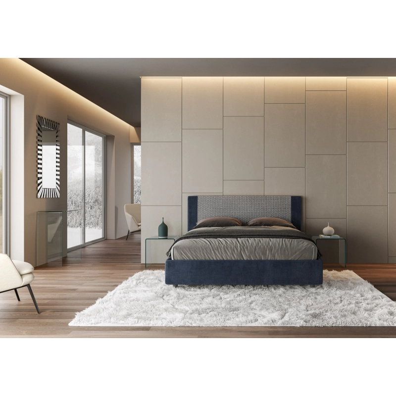 Letto imbottito Matrimoniale 160x190 cm tessuto Labirinto Rosal - Contenitore,Blu/Blu