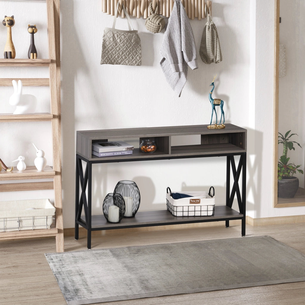 Consolle ingresso industriale legno grigio salvaspazio ¨C Xylo ¨C 120x23,5x75 cm ripiani multistrato