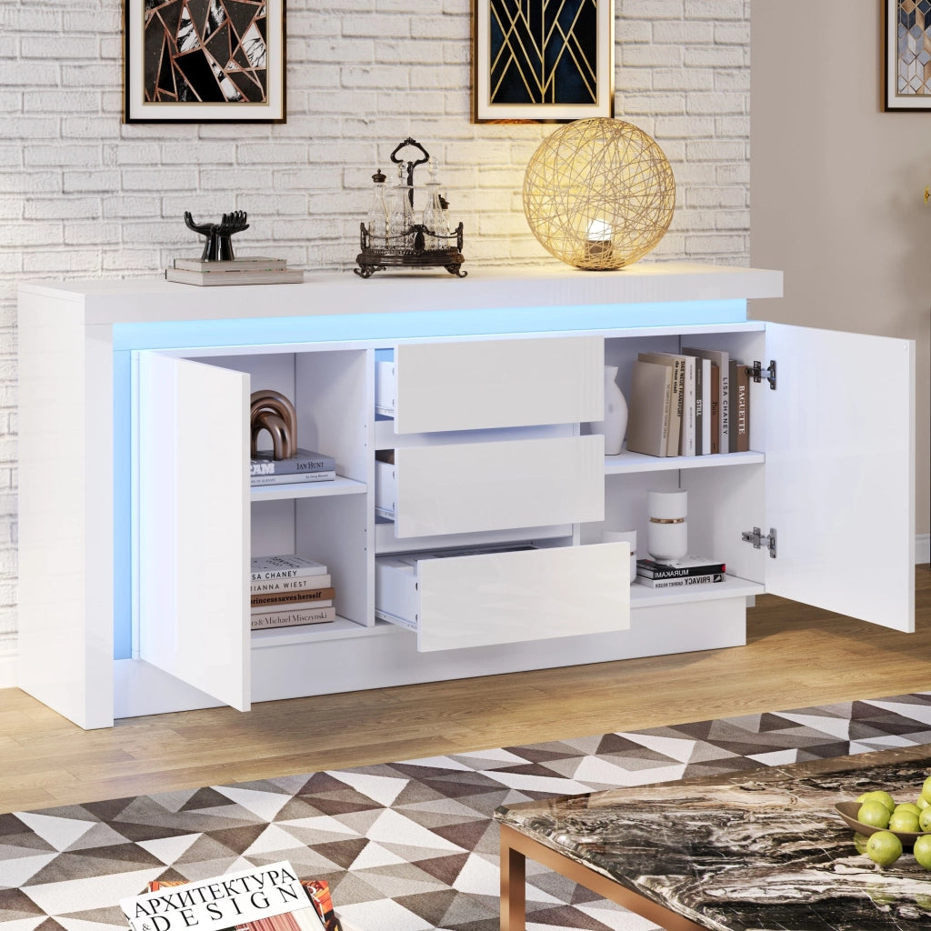 Sideboard bianco lucido con LED, 2 ante e 3 cassetti 140x35x72 cm