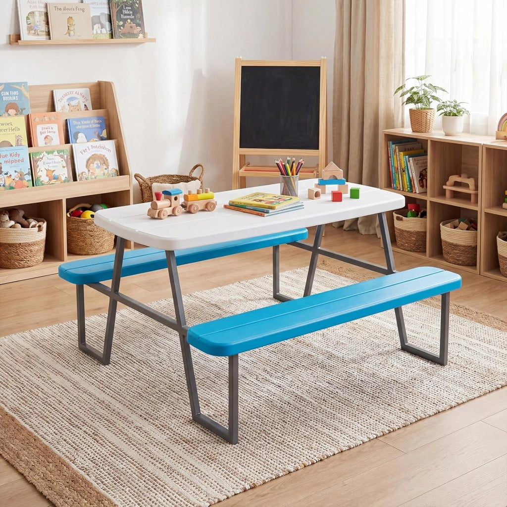 Tavolo da Picnic per Bambini, Set Tavolo e Panche da Giardino con Ombrellone Regolabile in Altezza, Struttura in Metallo e Borsa per Campeggio e Picnic per Bambini 3-8 Anni