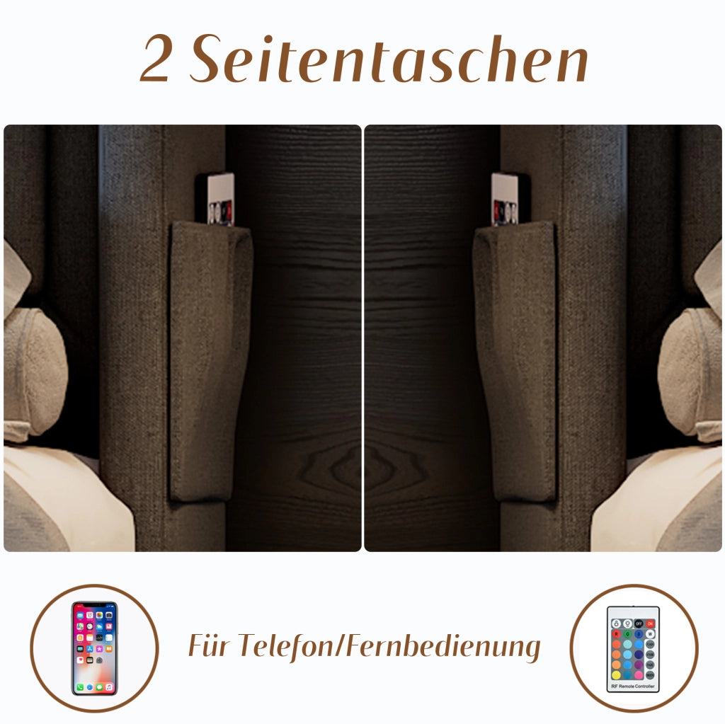 Letto imbottito 140x200 cm con LED, USB-C e vano contenitore grigio