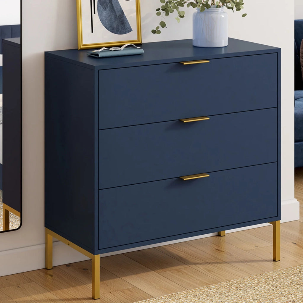 IDMarket - Cassettiera a 3 cassetti BLENIA 80 cm in blu notte con finitura oro