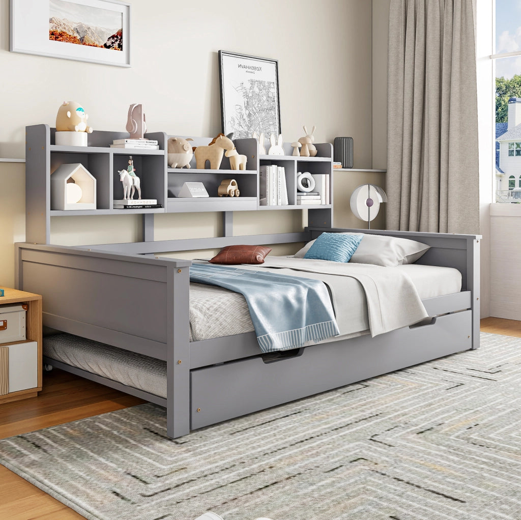 Letto multifunzionale con letto estraibile 90x200 cm; scomparti portaoggetti; grigio