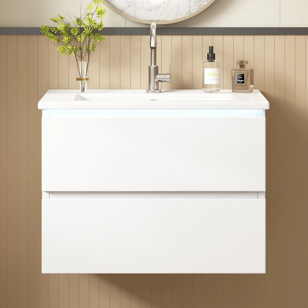 Mobile Bagno Sospeso con Lavabo Integrato e LED ¨C MINIMAL ¨C Bianco, 2 Cassetti, 61x46x45 cm