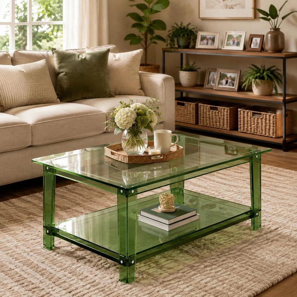 Acrylic Coffee Table, 2-tier Side Table With Storage Surface, Modern Rectangular Acrylic Table Ideal For Dining Room, Kitchen Island, Restaurant, Office, 50 X 80 X 40 Cm (Green)