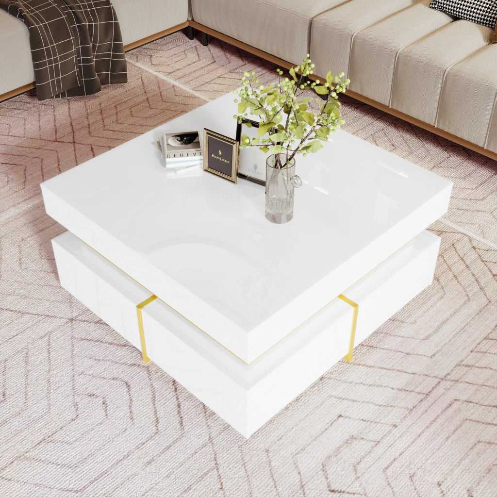 Tavolino da Salotto con 2 Cassetti e Dettagli Dorati; Finitura Lucida; Stile Moderno; in Pannello Truciolare; Bianco